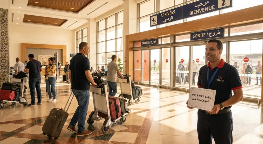 Arrivals hall at Agadir Al Massira Airport with travelers collecting luggage for car rental pickup