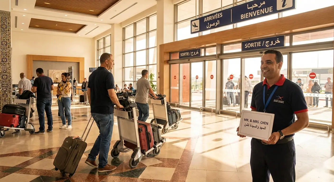 Arrivals hall at Agadir Al Massira Airport with travelers collecting luggage for car rental pickup