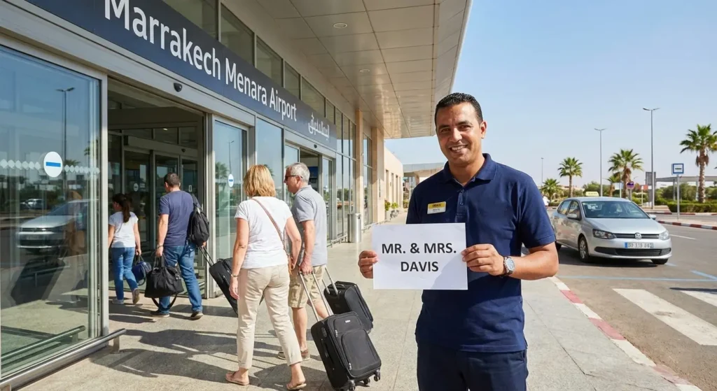 LiloxCars meet and greet agent waiting at Agadir airport arrivals exit with name sign for car rental customer