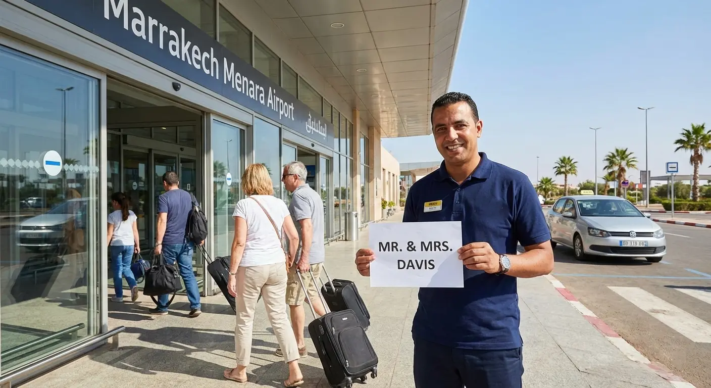 LiloxCars meet and greet agent waiting at Agadir airport arrivals exit with name sign for car rental customer