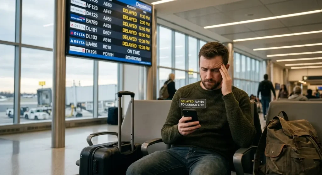 Traveler checking flight delay on phone at airport before car rental pickup in Agadir