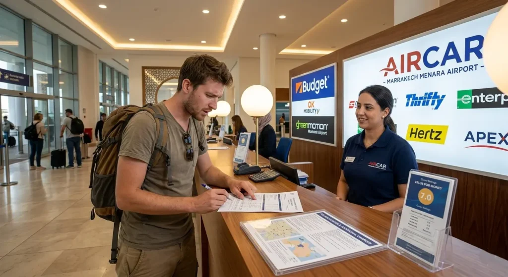 Traveler reviewing car rental surcharge breakdown at Agadir airport rental desk