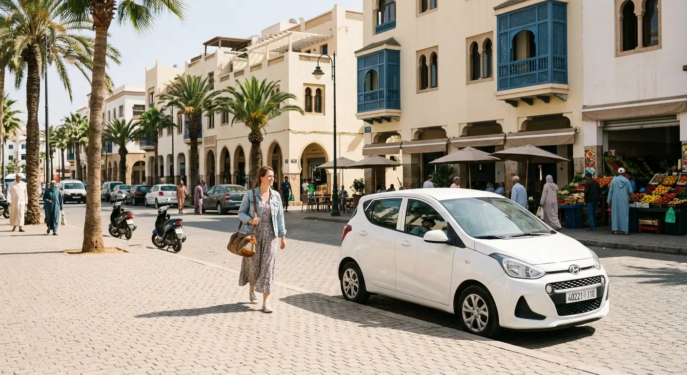 Compact rental car parked on wide sunny street in Agadir city center near souk and restaurants