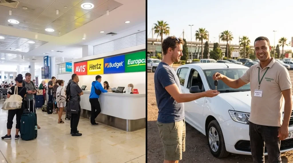 Comparison between international airport rental desk queue and local Agadir car rental meet-and-greet handover