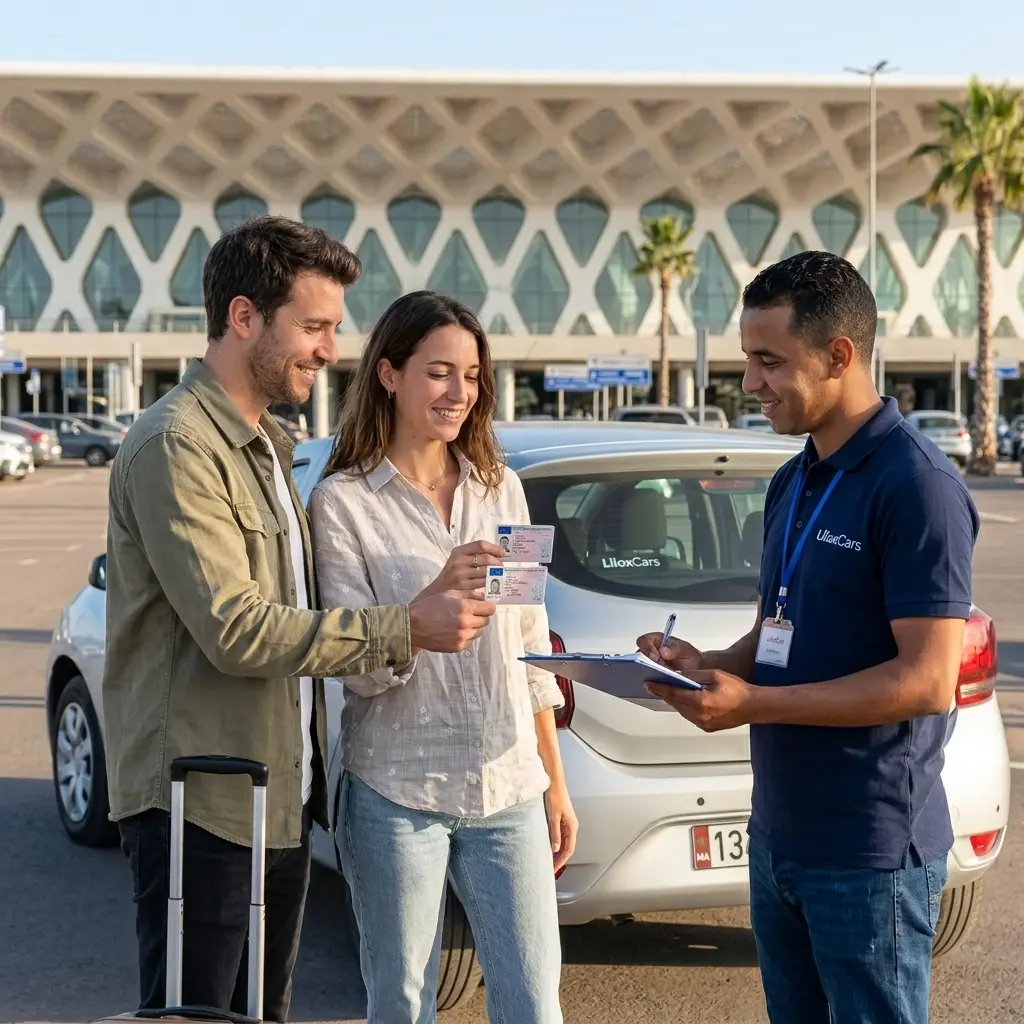 Couple presenting driving licences for additional driver registration at Agadir car rental pickup