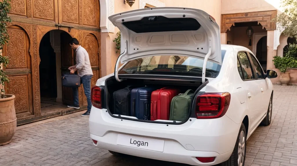 Dacia Logan open boot loaded with four pieces of luggage at Agadir hotel showing generous cargo space
