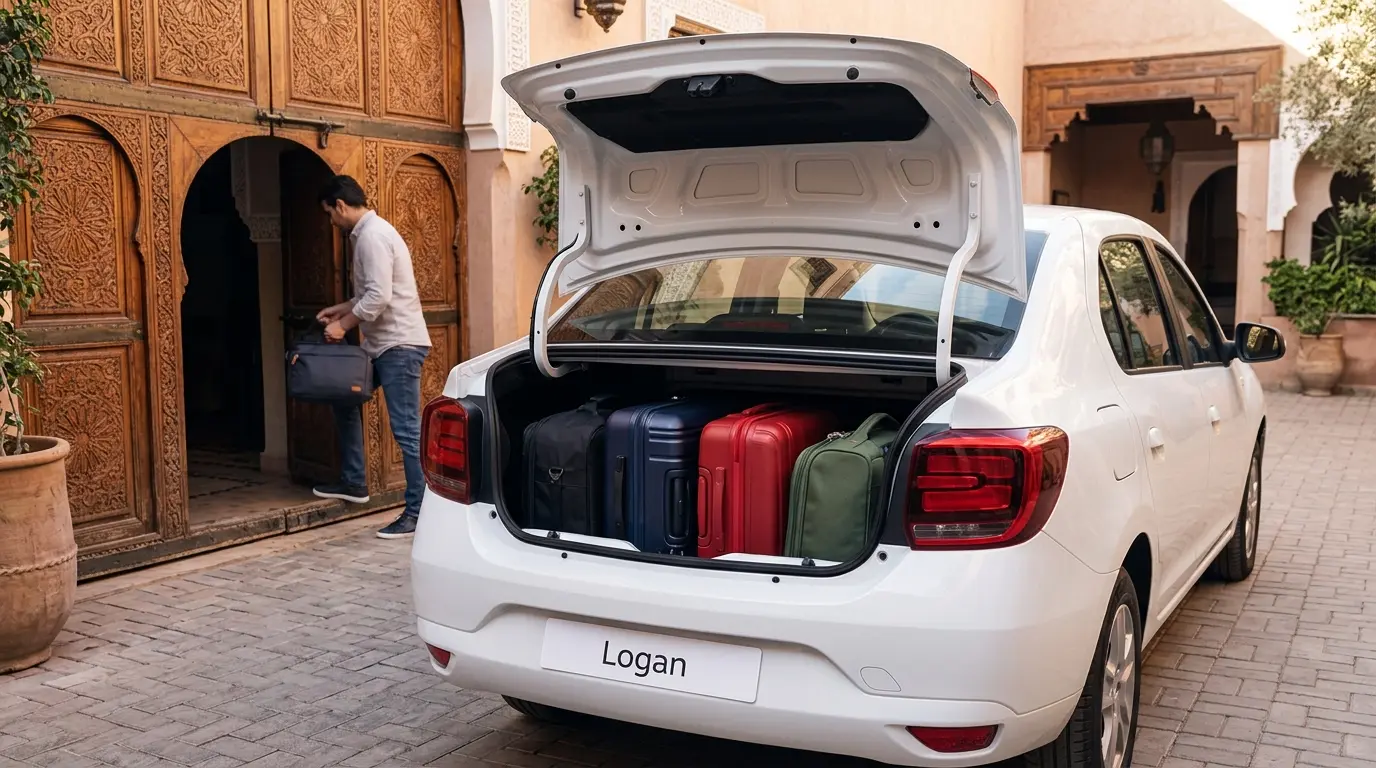 Dacia Logan open boot loaded with four pieces of luggage at Agadir hotel showing generous cargo space