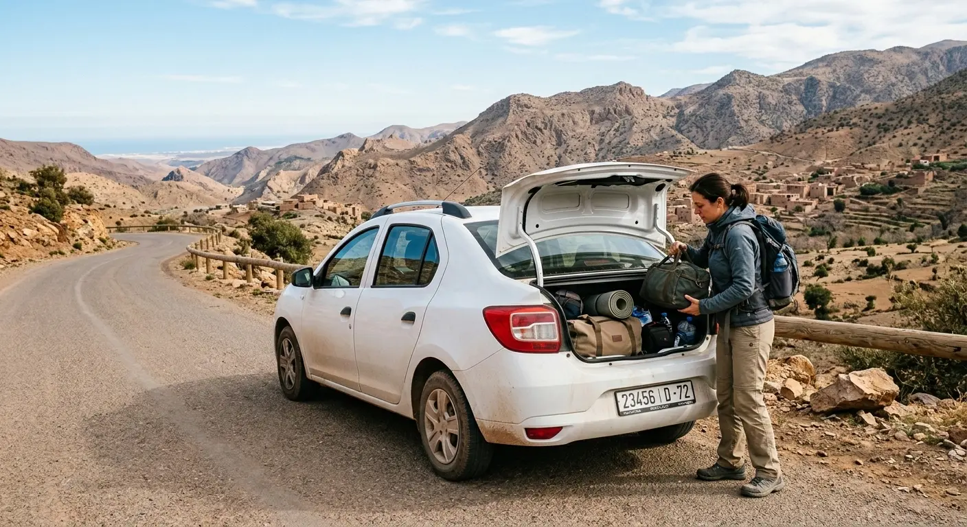 Dacia Logan rental car parked on scenic Moroccan road near Agadir ready for road trip