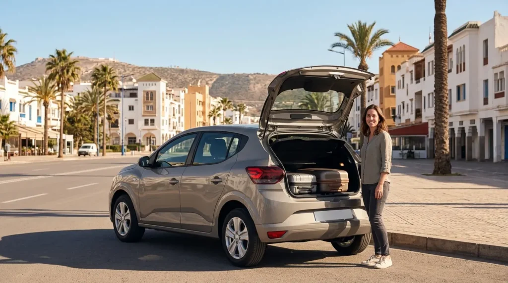 Dacia Sandero rental car parked in Agadir Morocco with boot open showing luggage capacity for road trip
