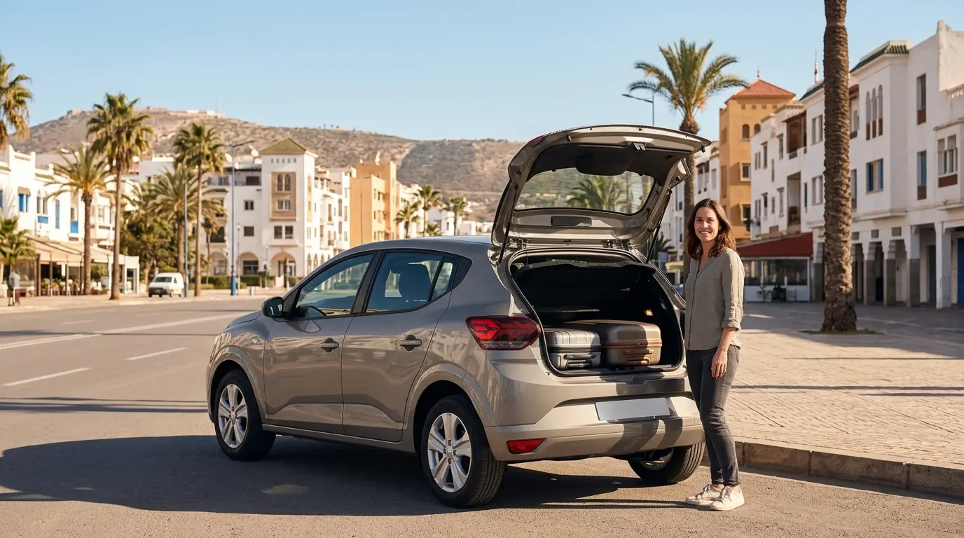 Dacia Sandero rental car parked in Agadir Morocco with boot open showing luggage capacity for road trip