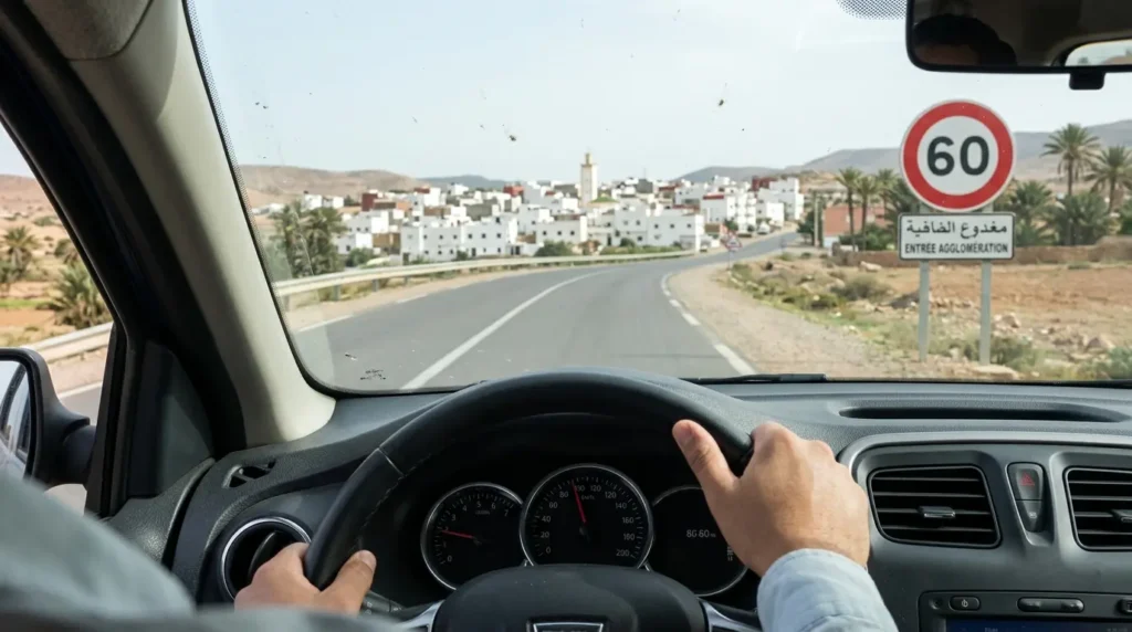 Driver view of Moroccan road near Agadir approaching 60km/h speed limit sign entering village settlement