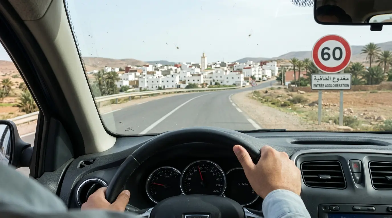 Driver view of Moroccan road near Agadir approaching 60km/h speed limit sign entering village settlement