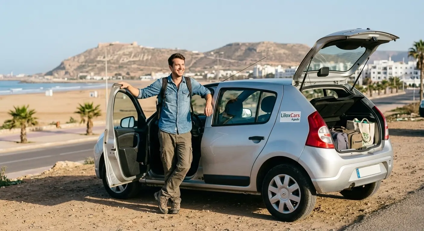 Happy traveler with affordable compact rental car in Agadir Morocco ready to explore on a budget