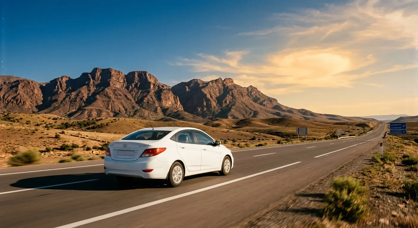 Hyundai Accent sedan driving on Agadir to Marrakech highway with Atlas Mountains in background