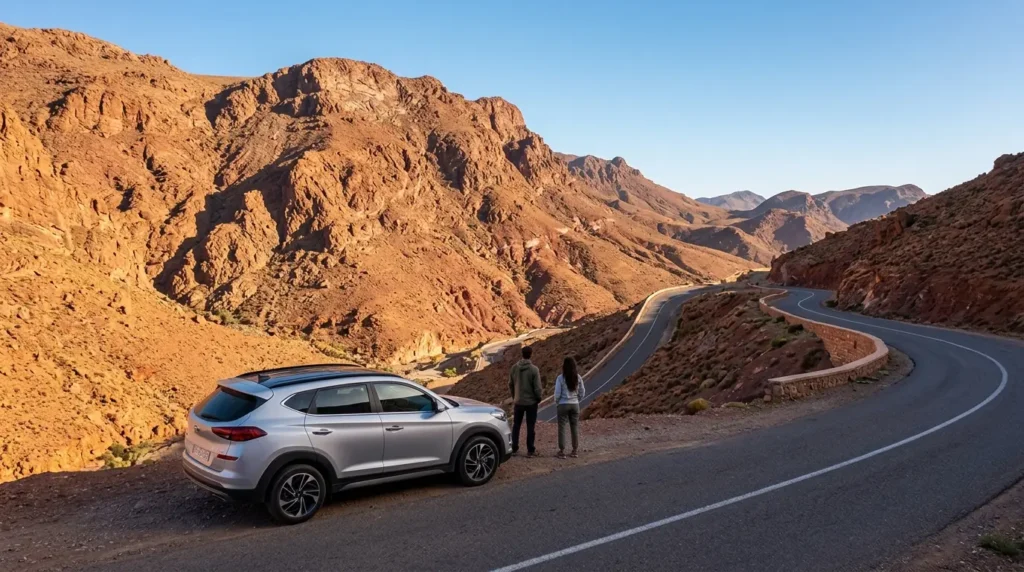 : Hyundai Tucson SUV rental parked on Anti-Atlas mountain road near Agadir for off-road adventure driving
