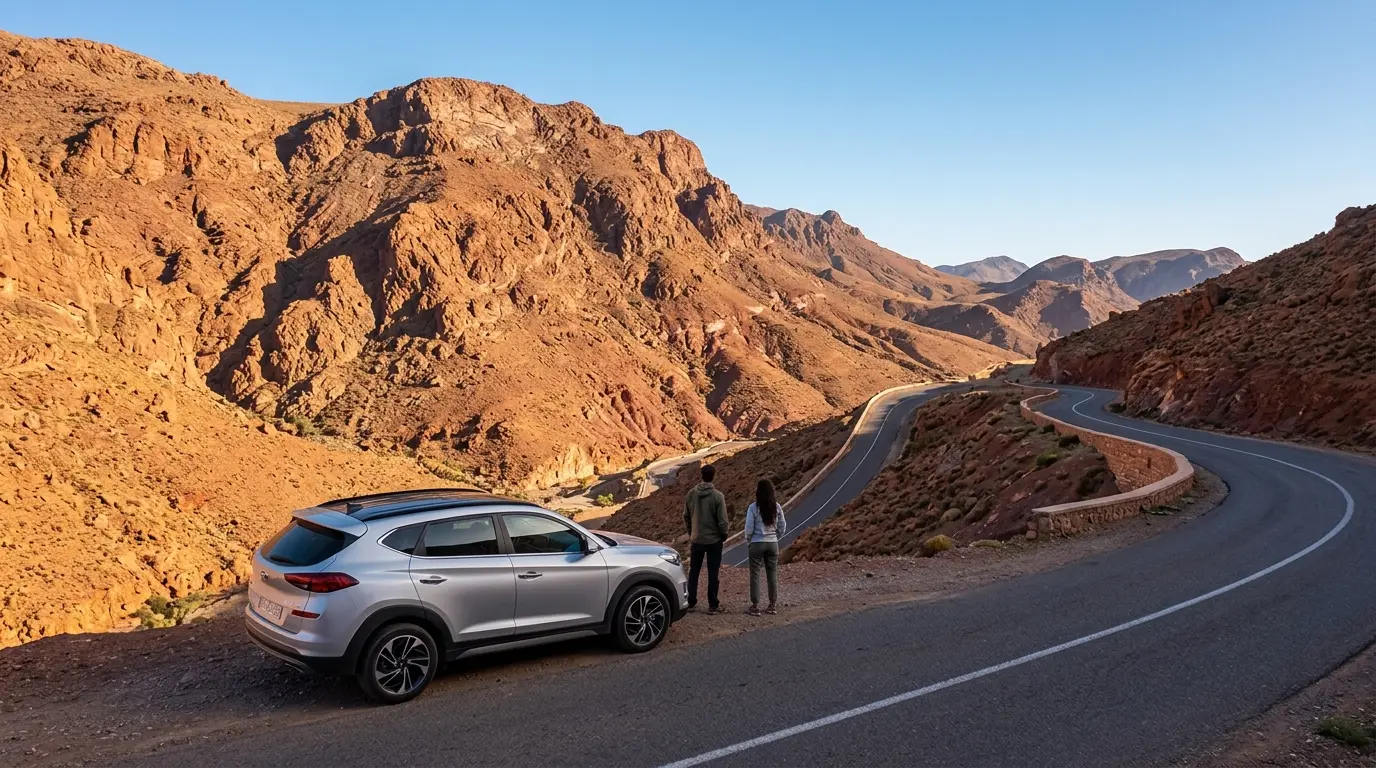 : Hyundai Tucson SUV rental parked on Anti-Atlas mountain road near Agadir for off-road adventure driving