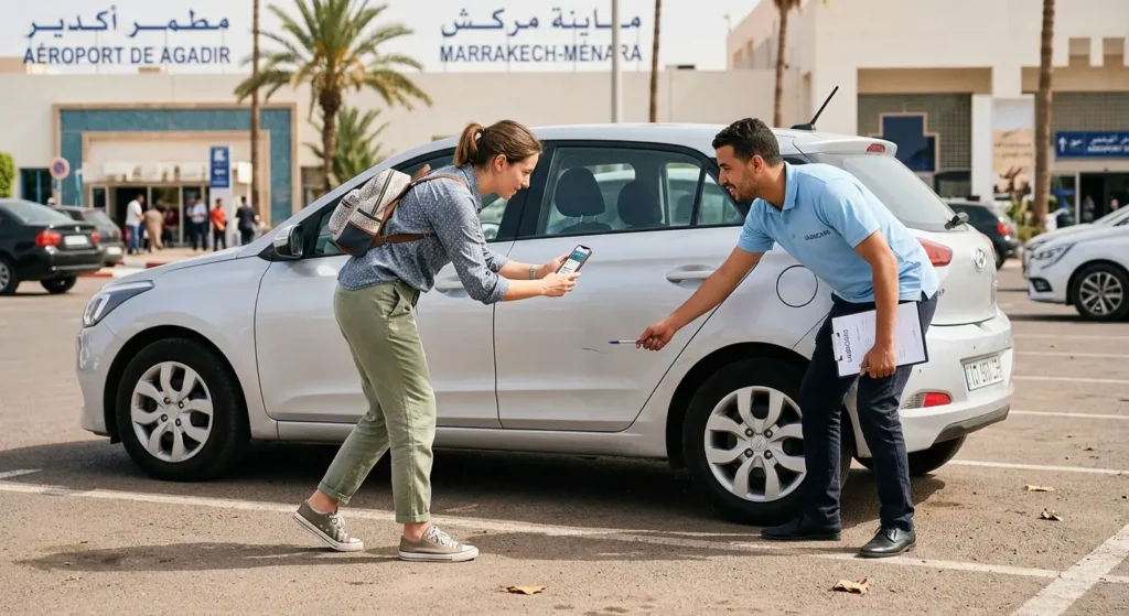 LiloxCars agent and customer conducting joint vehicle inspection at Agadir airport car park before rental