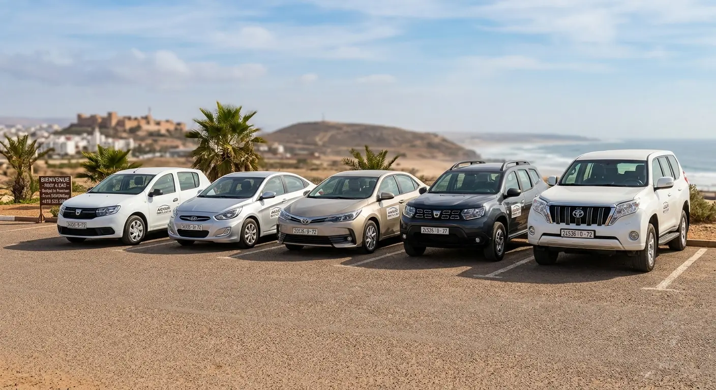 Lineup of rental car types available in Agadir Morocco from economy hatchback to family SUV