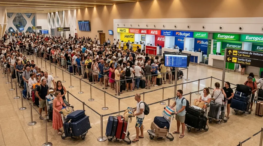 Long summer queue at Agadir airport car rental desks during peak August tourist season