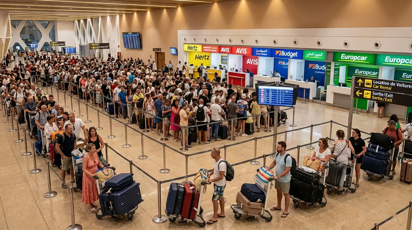 Long summer queue at Agadir airport car rental desks during peak August tourist season