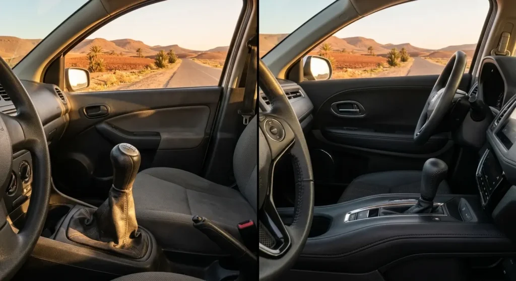 Manual versus automatic gear stick comparison inside rental cars in Agadir Morocco