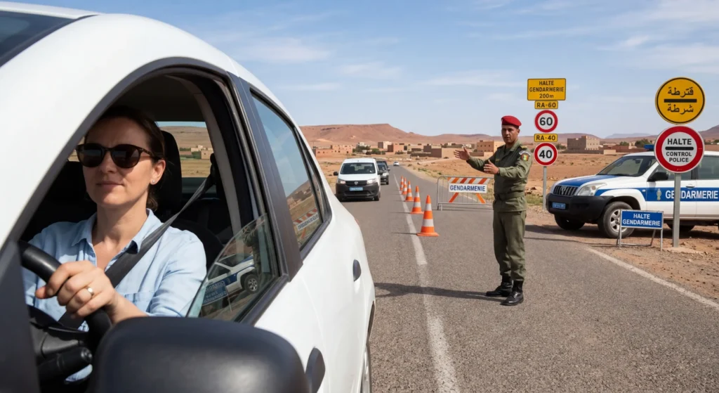 Rental car approaching Royal Gendarmerie checkpoint on Moroccan national road with officer directing traffic