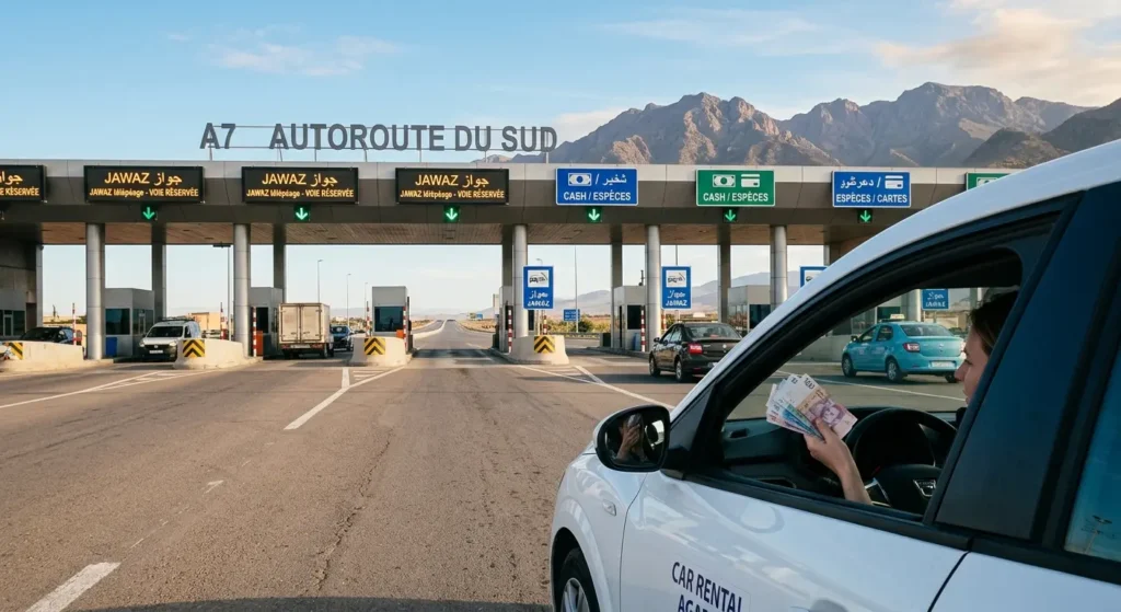 Rental car at Moroccan autoroute toll booth on A7 highway with payment lanes and Atlas Mountains visible