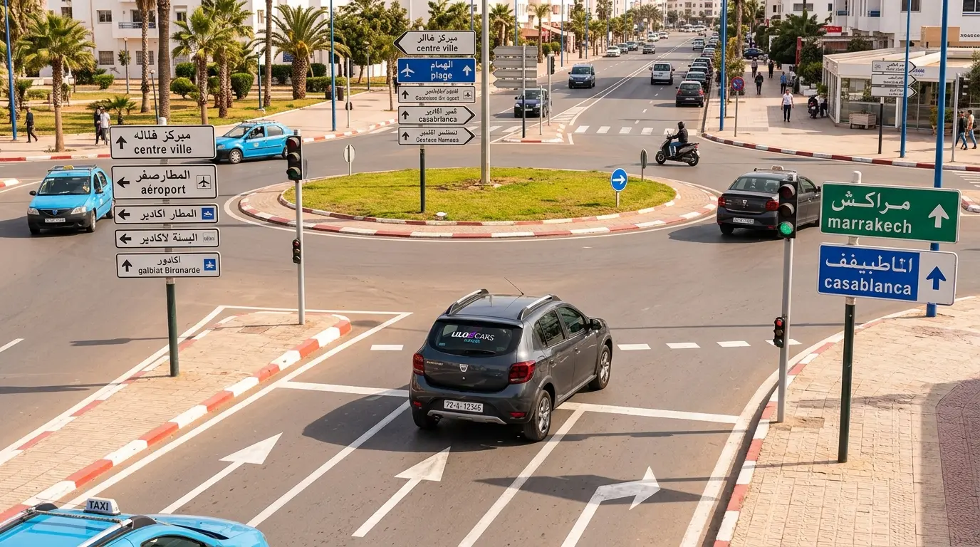 Rental car navigating traffic light roundabout in Agadir city with Arabic French road signs visible