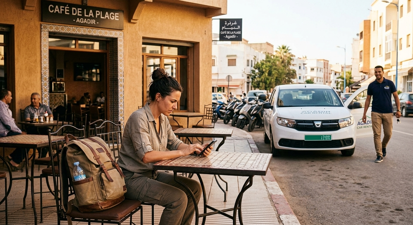 Traveler booking last-minute car rental in Agadir by WhatsApp with vehicle arriving same day