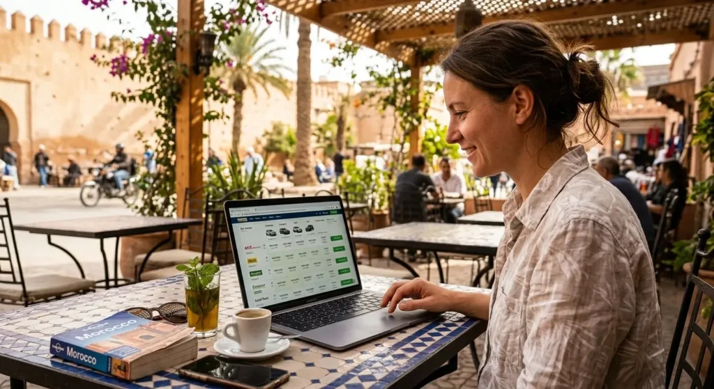 Traveler comparing cheap car rental deals in Agadir on laptop at Moroccan cafe