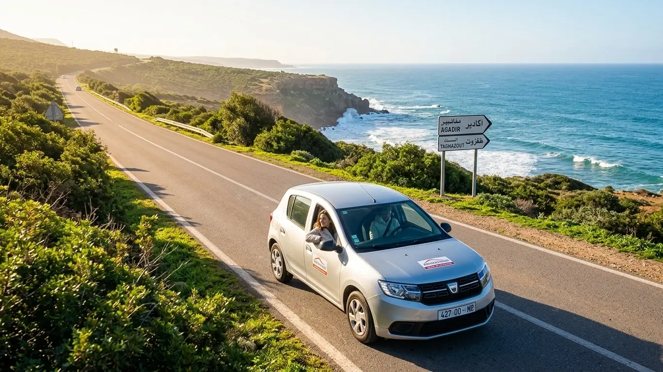 Traveler driving rental car along quiet Agadir coastal road during off-season winter trip in Morocco