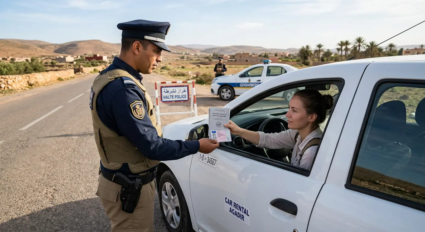 Traveler presenting national driving licence and International Driving Permit to Moroccan police officer at checkpoint near Agadir
