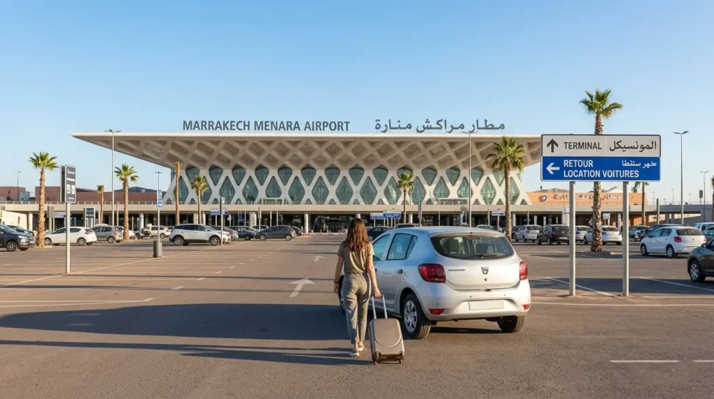 Traveler returning rental car at Agadir Al Massira Airport open-air parking area before departure