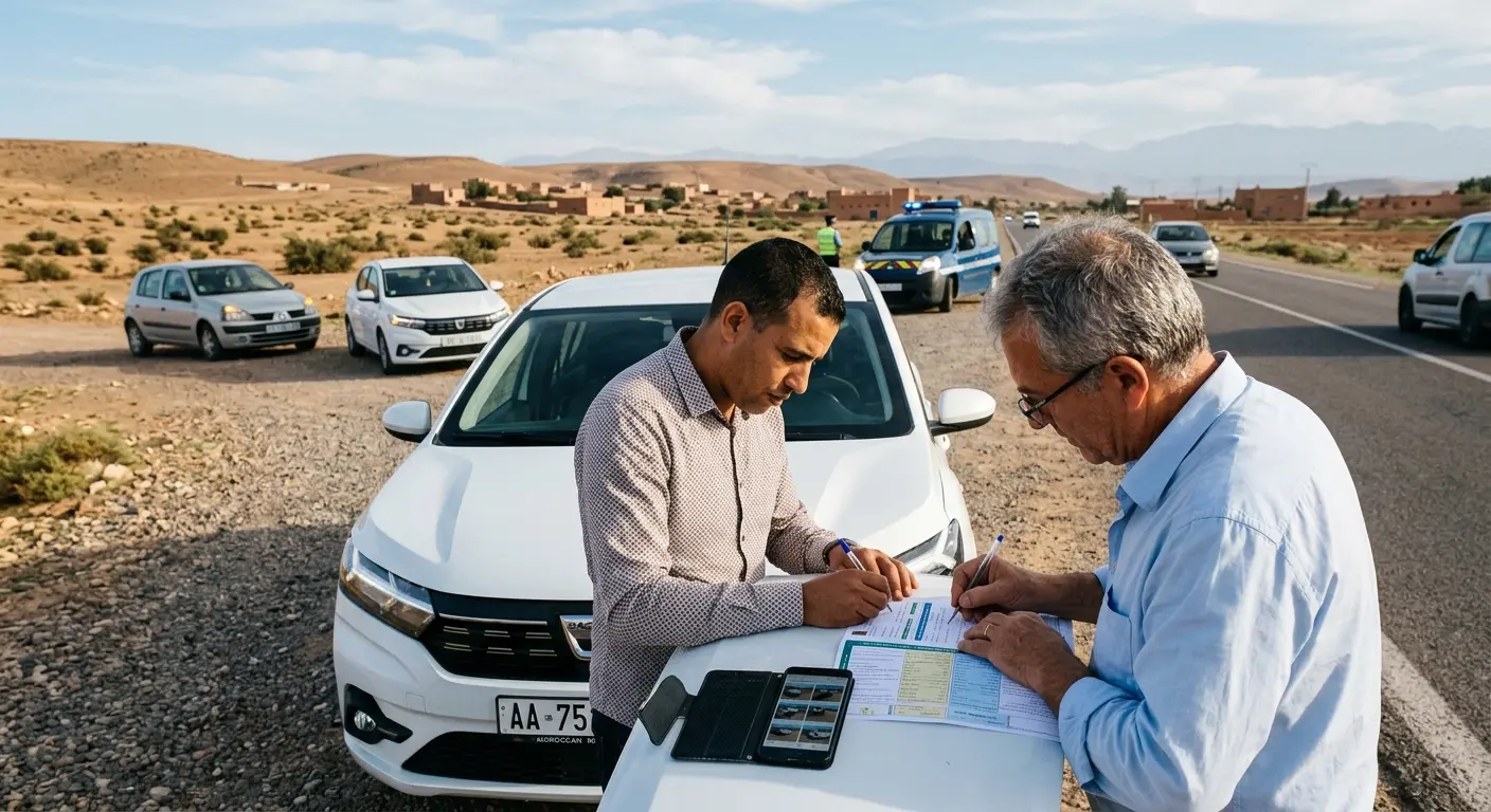 Two drivers completing Constat Amiable accident report form on Moroccan road after rental car incident