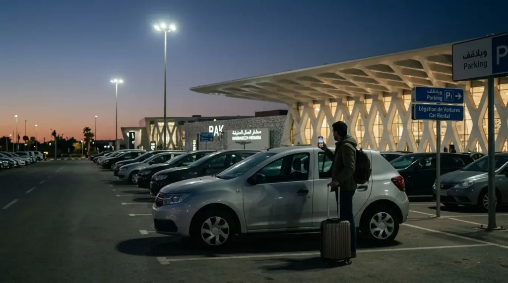 Traveler recording return video of rental car at Agadir airport car park during early morning out-of-hours drop-off