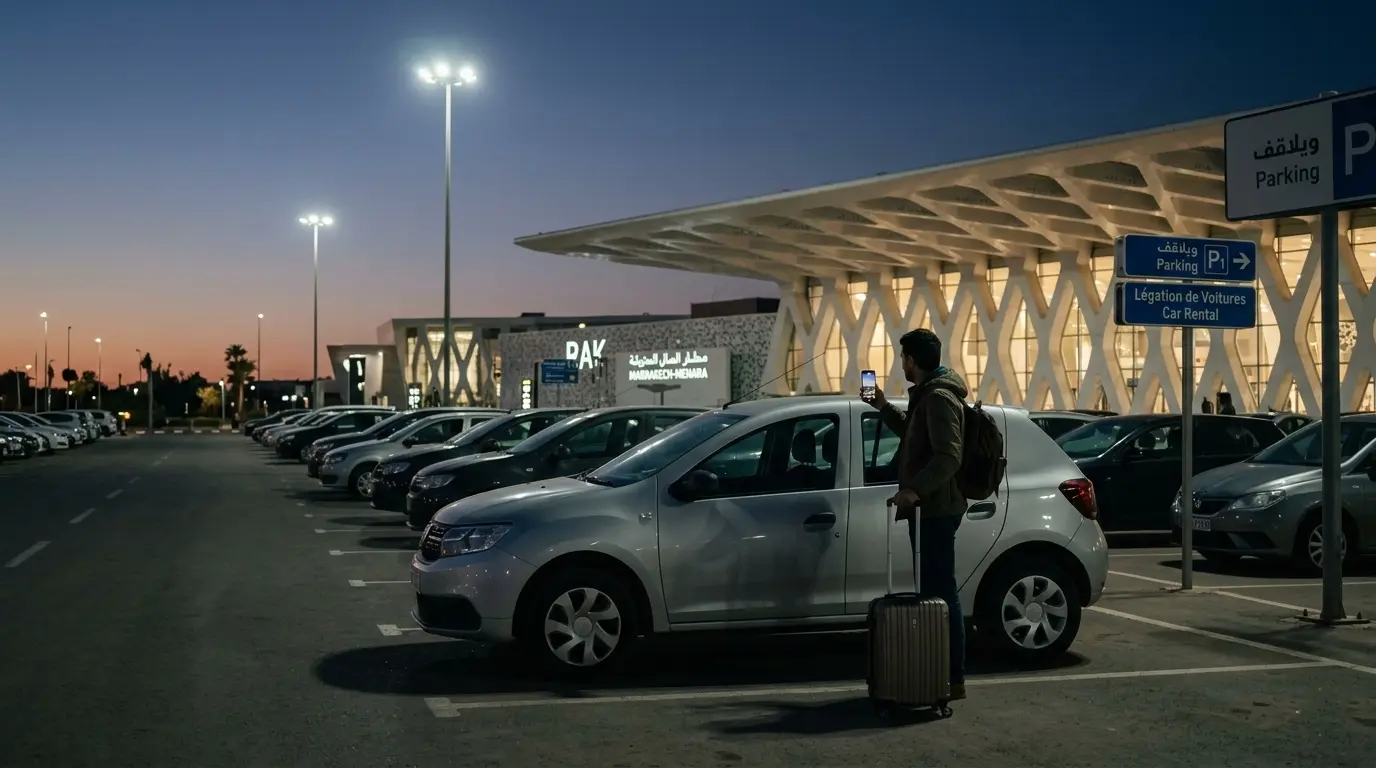 Traveler recording return video of rental car at Agadir airport car park during early morning out-of-hours drop-off